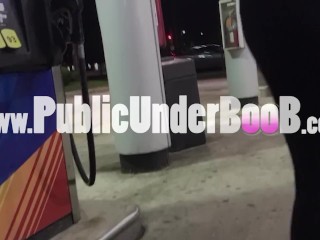 MILF Sheery Braless in a Crop Top Showing Sexy Underboob while Pumping Gas at the Gas Station