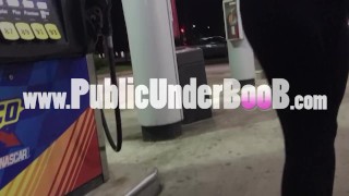MILF Sheery Braless in a crop top showing sexy underboob while pumping gas at the gas station
