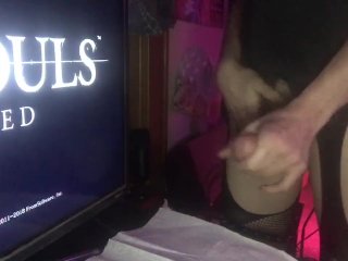 Taking a break from dark souls to play with my tits and cum on my desk 😁