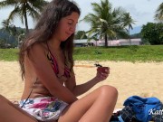Preview 6 of Girl eating fruit without panties on a public beach - Public Pussy Flashing