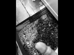 Works site block locked. Desperate for a pee ends up in outside piss and cum in front of train line.