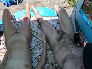 🔇 Jerking off on the Public Nude 👙🔞beach🏖️. People see Us. some came Closer for a better View👀