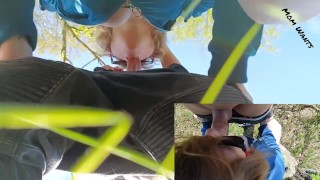 Quick cumshot in stepmother's mouth in nature