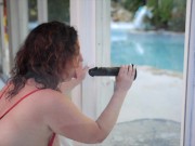 Preview 4 of MILF Rides Black Dildo on Window for Pool Boy