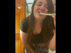 Pretty chubby stepsister brushes teeth