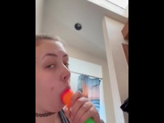 Sucking huge rainbow dick