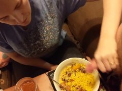 Cute slut eats cum on her food