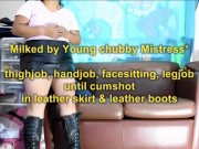 Preview 1 of Milked torture by teen Chubby Mistress legs having fun laughing of her poor slave in thighjob legjob