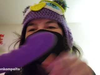 enter the purple people fucker! ~ moonie testing her new strapless strap-on dildo
