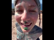 Preview 1 of Happy hippie girl having a big cumshot load in her face after getting hard anal fucked in puplic