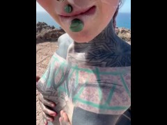 Happy hippie girl having a big cumshot load in her face after getting hard anal fucked in puplic