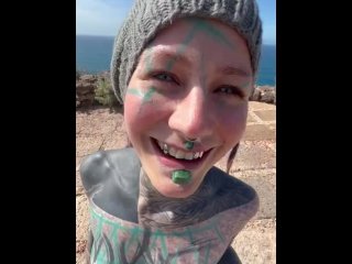 Happy hippie girl having a big cumshot load in her face after getting hard anal fucked in puplic