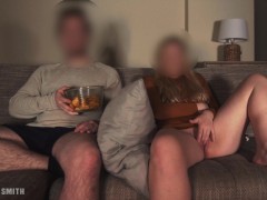 Risky masturbation in front of step dad while watching TV