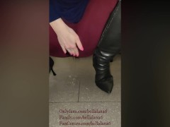 Teacher is soooo horny she can't resist to hide under her desk & squirt in leggings