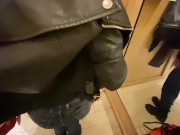 Preview 1 of Teen w leather jacket empty my balls over latex handbag in Fitting room