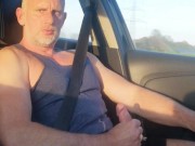 Preview 1 of muscle daddy splashing huge cumshot in the car while driving