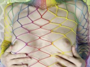 Preview 4 of Lingerie Try On Haul - Rainbow net bodysuit with large cutout holes