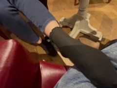 Foot tease in cafe with socks and Vans
