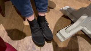 Foot tease in cafe with socks and Vans