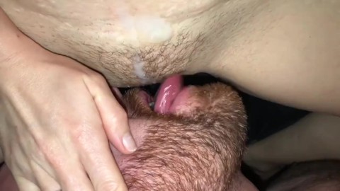 Long Landing Strip Of Cumshots From Her Pussy To Her Cleavage Gets Slurped Up & Swallowed By Him
