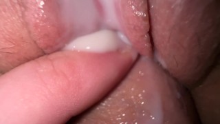 Extremely close up sex with sister's fiance, tight creamy fuck and cum on spread pussy