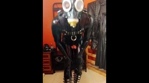 Rubber slave gasmask sack breathplay cum