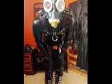 Rubber slave gasmask sack breathplay cum