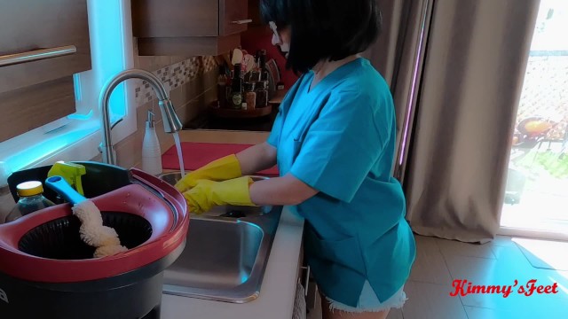 PUBLIC DICK FLASH Cum Dumpster House Maid Yellow Rubber Gloves Handjob Cum in Panties and Mouth