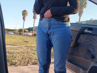 wet pants, pissing in pants, public, babe