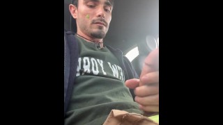 hung twink - stroking cock in car