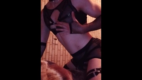 Femboy Horny boy Dancing with a sexy black translucent skirt and mask