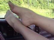Preview 1 of Real Amateur Homemade Step Wears Nylon Stockings Shows Arches & Huge Tits In Car