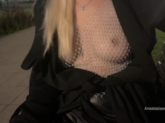 Street pick up of shameless slut. Stranger knead her boobs right in public park.