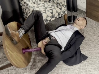 Suited Men with Open Crotch is Pissing like a Dog and Rides the Dildo and Cums Handsfree
