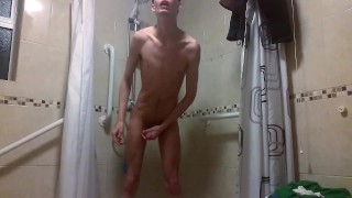 Stroking my white cock while showing off my skinny perfect body and taking a steamy shower