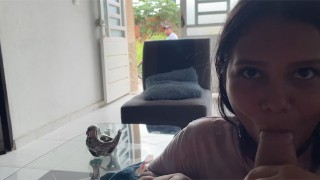 THE COLOMBIAN DOG SUCKS AND SWALLOWS CUM WHEN HER NEIGHBOR SEES HER