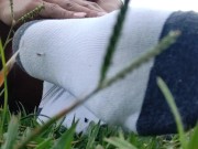 Preview 1 of Cum twice on my feet (amateur outdoor video)