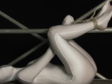 Encased girl in shiny zentai suit is tied to a metal pole and tries to escape