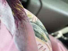 White Girl in skirt showing off her hairy pussy in her car