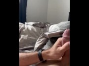 Preview 2 of Tall guy wanks big cock nice tatoo at home couch