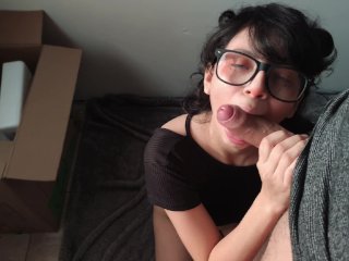 cum on face, pov, amateur blowjob, nerdy girl glasses