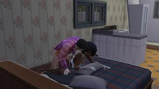 Een magere zwarte jongen in sneeuwwit ondergoed neukt met een witte lul in Sims