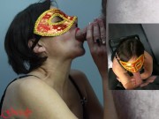 Preview 1 of MILF with a red mask sucks her husbands big cock and takes a huge facial to taste the cum