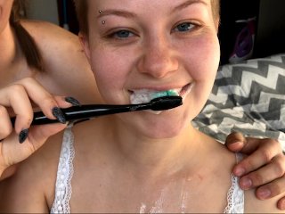 brushing the sperm, bald girl, toothbrush, amateur