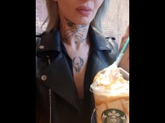 Naughty blonde make public flashing on Starbucks
