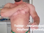 Preview 1 of bodybuilder with oiled body jerks off and flexes