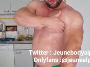 Preview 2 of bodybuilder with oiled body jerks off and flexes