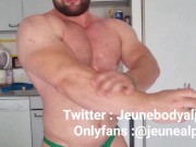 Preview 3 of bodybuilder with oiled body jerks off and flexes