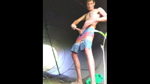 Public stroking monster cock in a culvert huge load