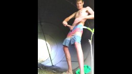 Public stroking monster cock in a culvert huge load